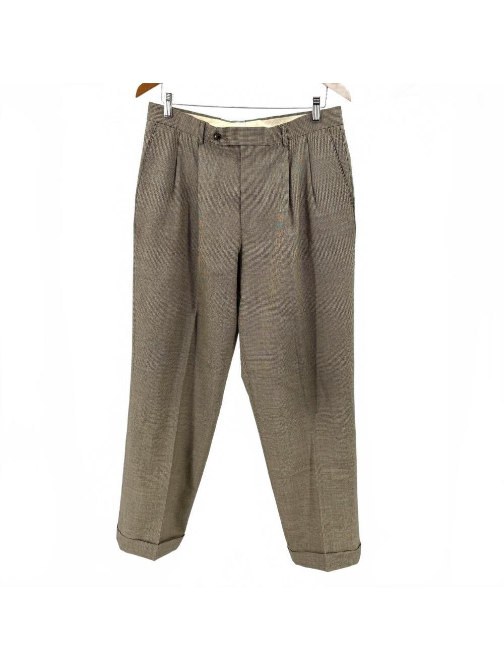 Vintage 90s Bill Blass Tan 100% Wool Houndstooth Trousers